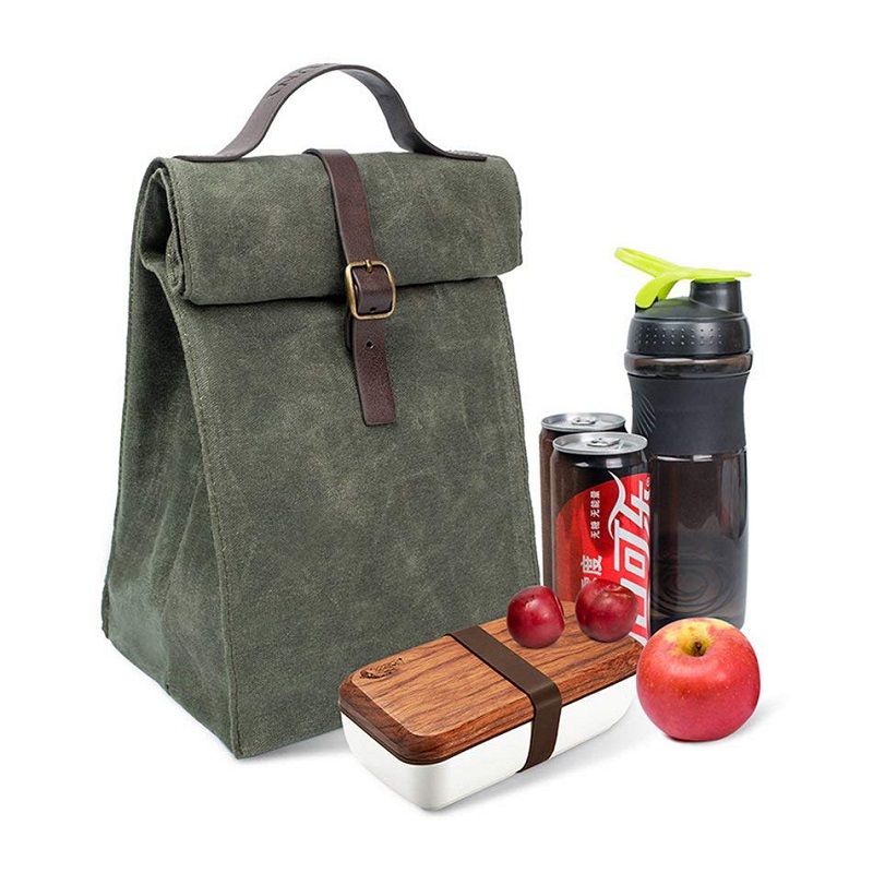 SGC29 Customized Easy Carry Travel Vintage Design Insulated Waxed Canvas Lunch Bag Tote Reusable Sandwich Bag Thermal Cooler
