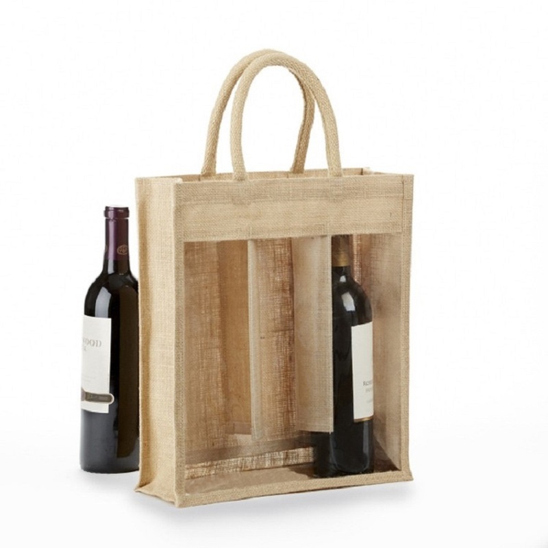SGS52 Custom Printed Ecofriendly 3 Bottle Jute Wine Bottle Tote Shopping Bags with window