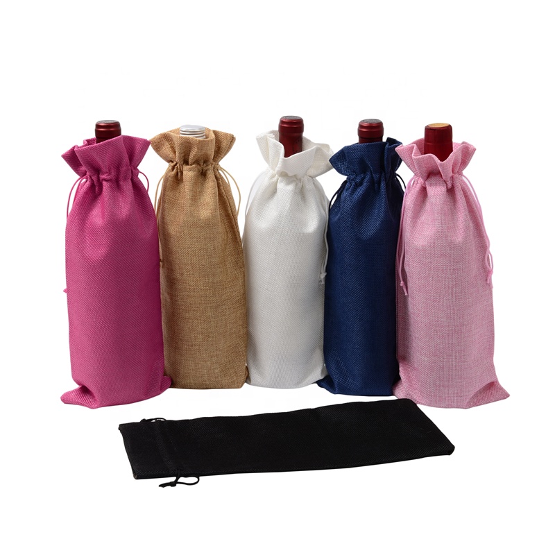 SGS53 Rustic Jute Burlap Wine Bags Drawstring Wine Bottle Covers Reusable Bottle Wrap Gift Package Wine Bags